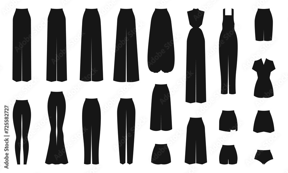 Set of pants, shorts, overalls for woman. Vector Set of pants, shorts, overalls for woman. Vector