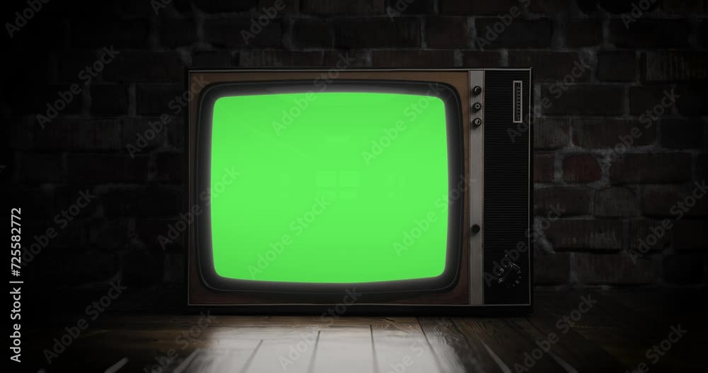 Turn on the retro TV with noise at the beginning, and switch to a green screen. Night horror climate. luma matte and chroma key included. 3d render