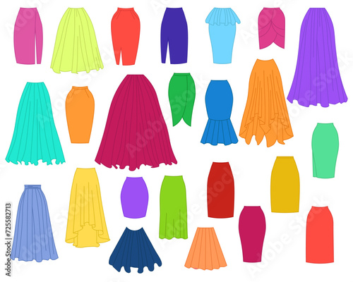 Set of different types of skirts for woman fashion. Vector illustration