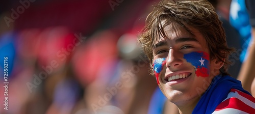 Patriotic man with usa flag face paint cheering at sports event, blurry stadium background © Andrei