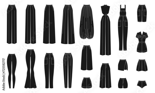 Vector illustration. Set of pants, shorts, overalls for woman