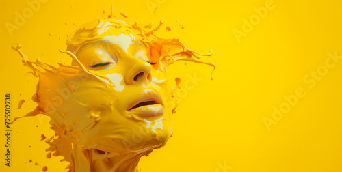 face made from paint splatters, poured dripping down isolated on plain yellow background with copy space