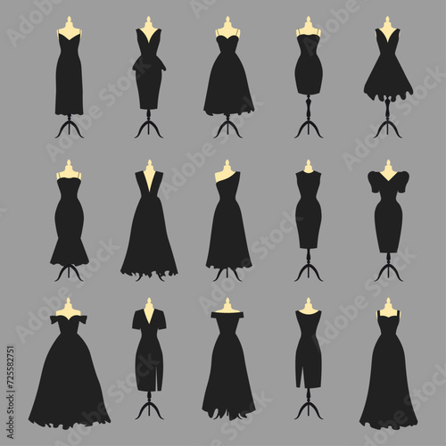 Set of various dresses. Fashion, style, clothing. Dresses on miniken