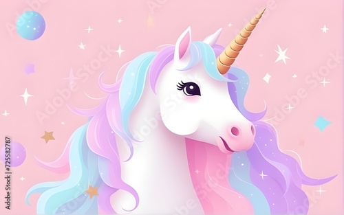 Pastel-colored Unicorn on a starry background. Generative AI