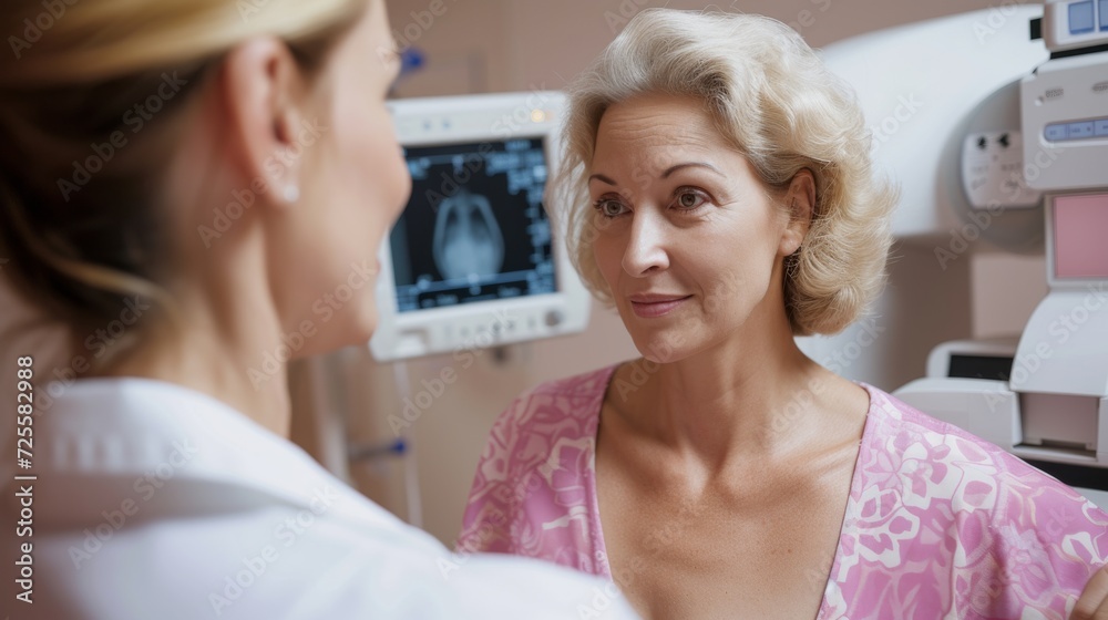 Nurse Assisting Patient Undergoing Mammogram In the Hospital, Female Patient Undergoing Mammogram Screening Procedure. Healthy Young Female Does Cancer Preventive Mammography Scan. Modern Hospital. Nurse Assisting Patient Undergoing Mammogram In the Hospital, Female Patient Undergoing Mammogram Screening Procedure. Healthy Young Female Does Cancer Preventive Mammography Scan. Modern Hospital.