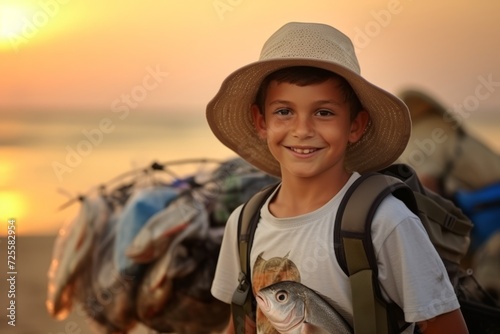 Portrait of a boy with a fishing rod on the beach at sunset