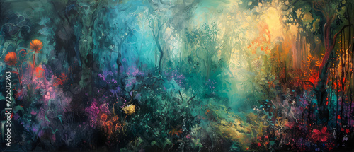 Artistic abstract of a mystic forest with vibrant colors. 