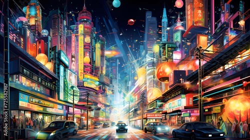 Night city panorama with road and cars. 3d illustration.