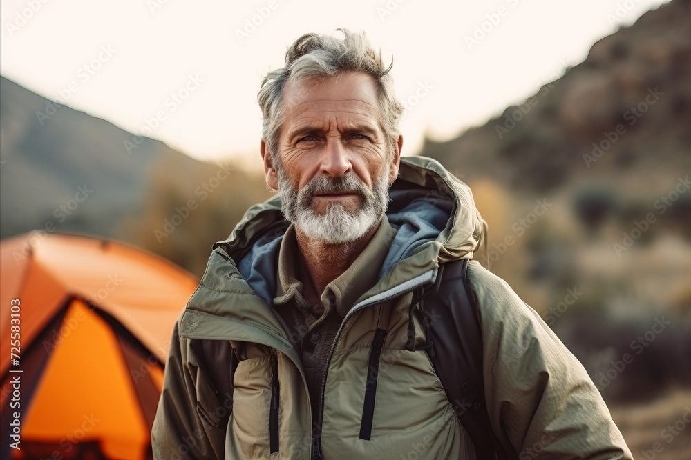 Portrait of senior man with backpack and tent in the mountains.