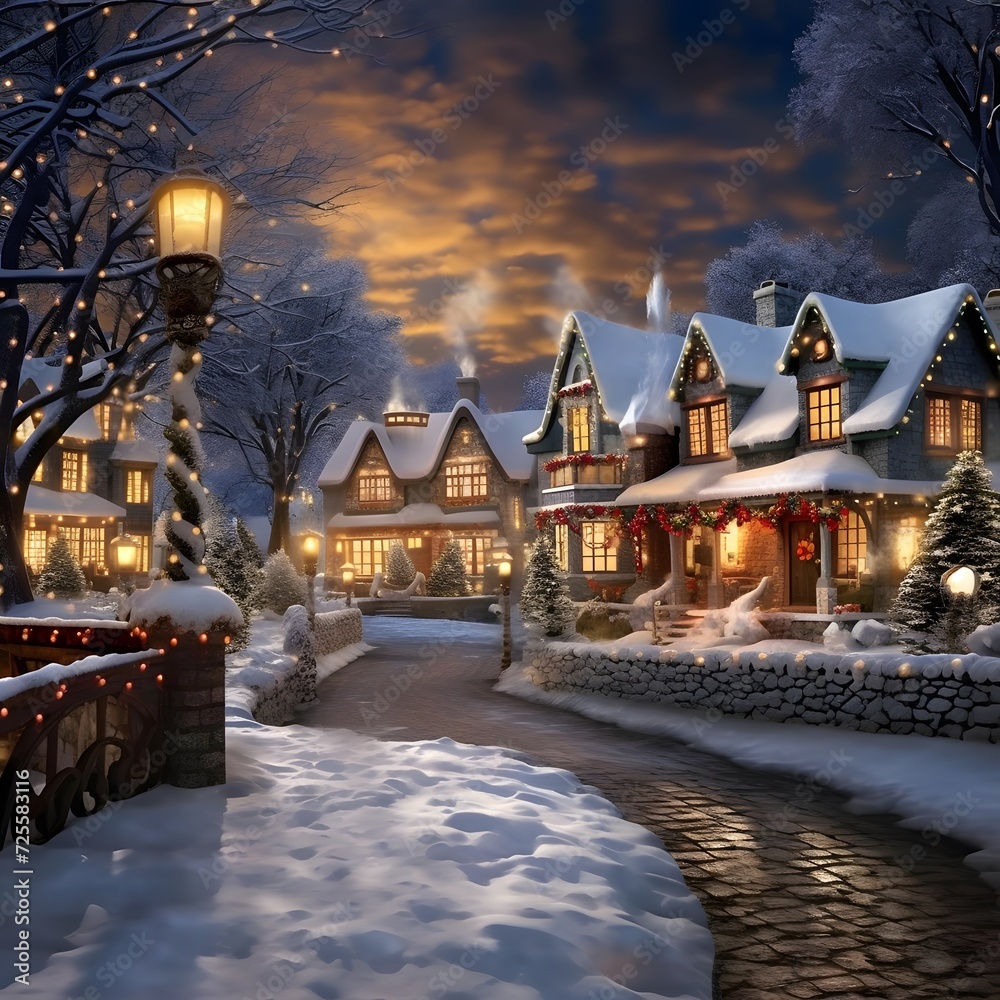 Winter night in a small village. Winter in european city.