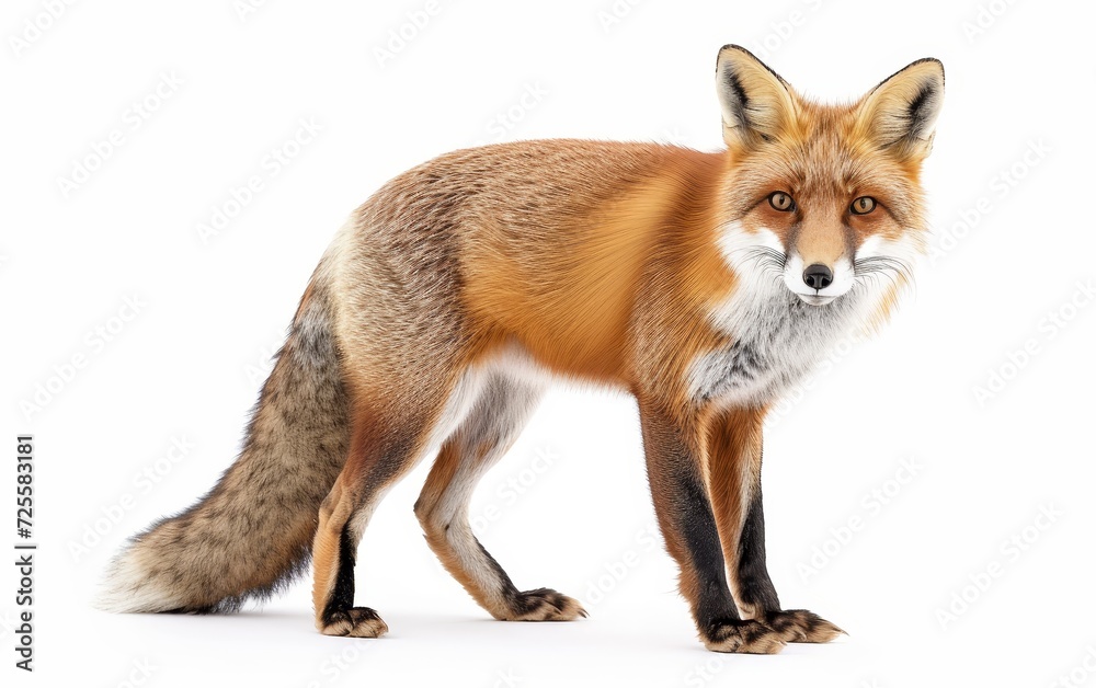 A vivid, detailed image of a standing fox, showcasing its rich fur and intense gaze, isolated on a white background.