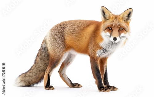 A vivid, detailed image of a standing fox, showcasing its rich fur and intense gaze, isolated on a white background.