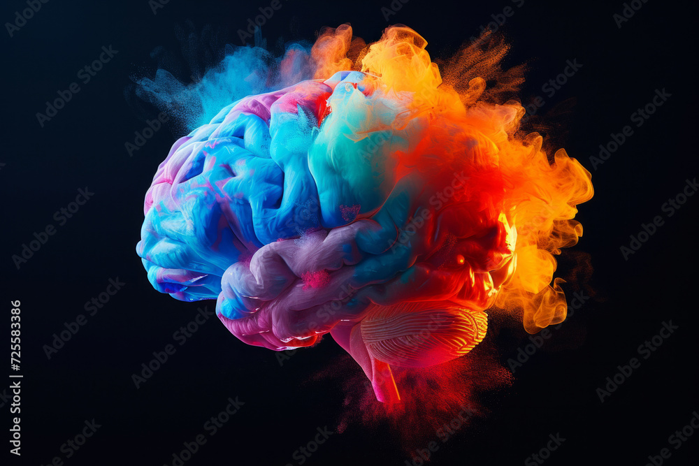 Internal Human Body Parts Damage. brain explosion with multicolored powder on a black background. Human brain with colorful smoke on dark background. Internal Human Body Parts Damage. brain explosion with multicolored powder on a black background. Human brain with colorful smoke on dark background.