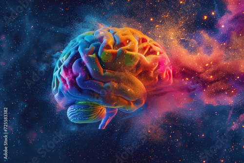 Internal Human Body Parts Damage. brain explosion with multicolored powder on a black background. Human brain with colorful smoke on dark background.