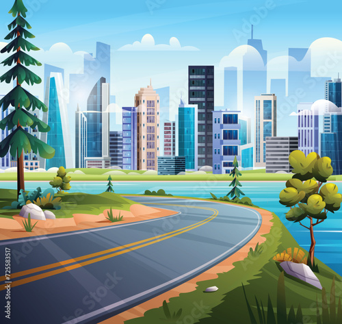 Mountain road with lake and cityscape views. Vector cartoon background