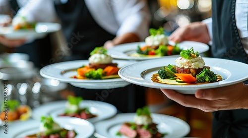 Waiter serving delicious meat dishes at a festive event or elegant wedding reception in a restaurant