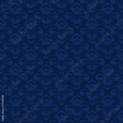 Blue damask seamless pattern. Navy floral print