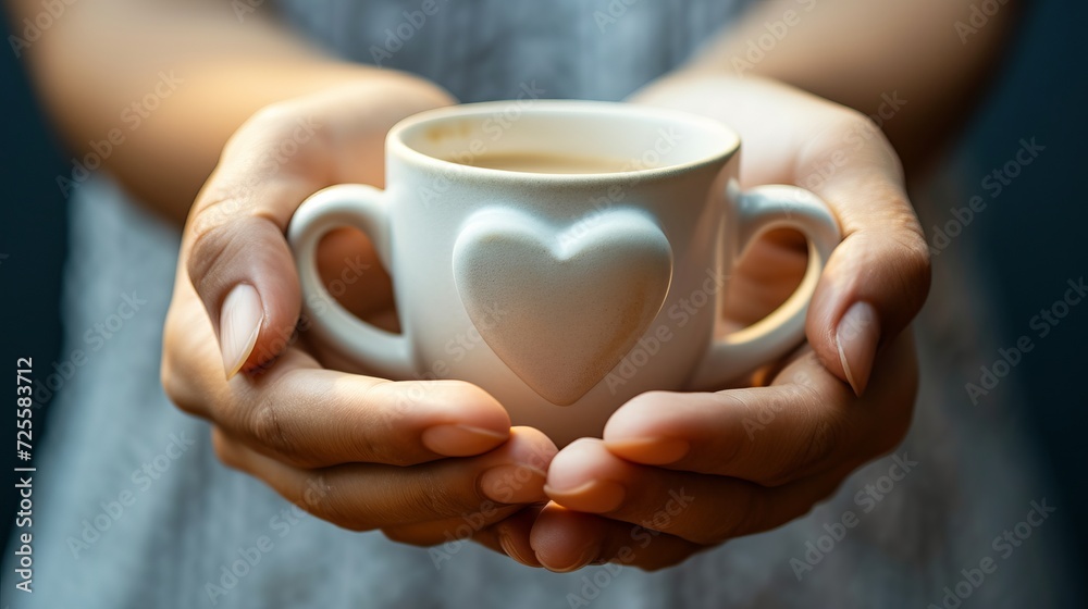 Heartwarming morning concept with hands holding coffee cup and heart symbol for a happy start. Heartwarming morning concept with hands holding coffee cup and heart symbol for a happy start.