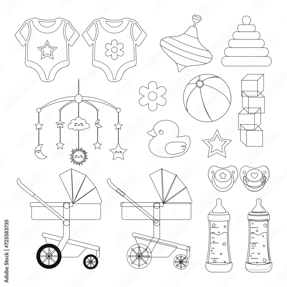 Fototapeta premium Children's elements set. Stroller, pacifier, bottle, sliders, cubes, pyramid. Vector illustration.