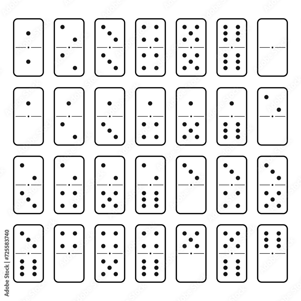 Domino set of 28 tiles. White pieces with black dots. Domino set of 28 tiles. White pieces with black dots.