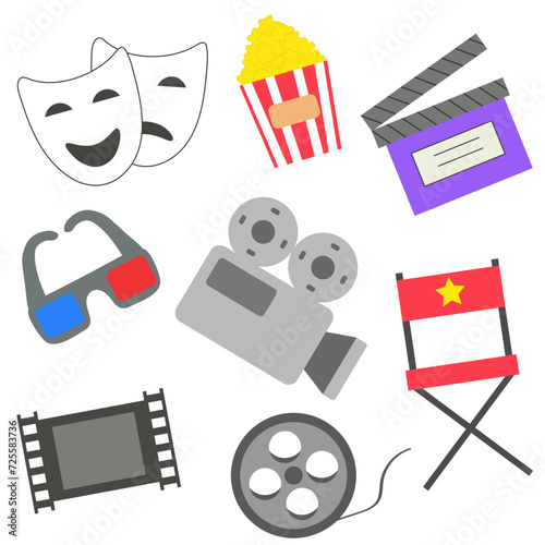 Cinema icon set. Popcorn boxes, film reel, camera, glasses, clapper board. Vector