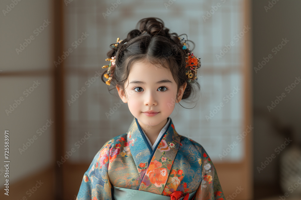 little asian girl in traditional japanese kimono looking at camera little asian girl in traditional japanese kimono looking at camera