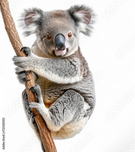 Cute koala bear clinging to a tree branch, isolated on white background.