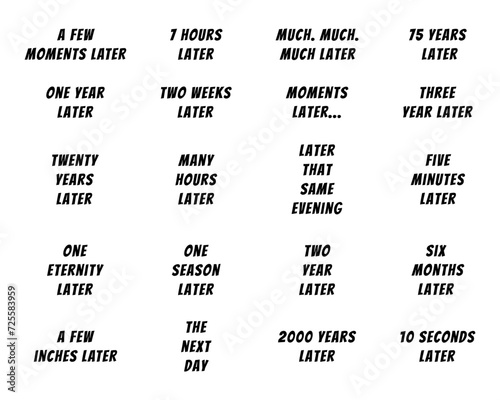 Vector illustration with text a few moments later, 7 hours later, much. much. much later