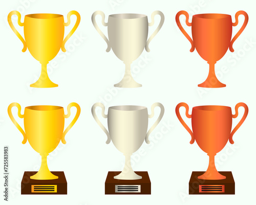 Trophy cups and awards set. Gold, silver, bronze cups. Vector illustration.