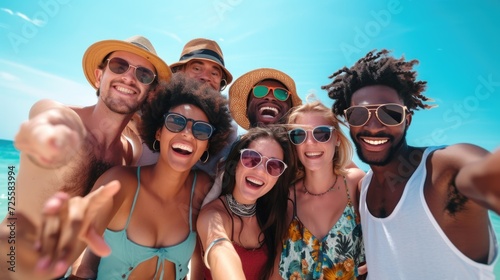 Excited friends group taking a beach selfie on a sunny day.
