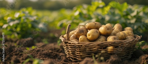 Potatoes harvested from soil, fresh and organic, in a bamboo basket in the field.