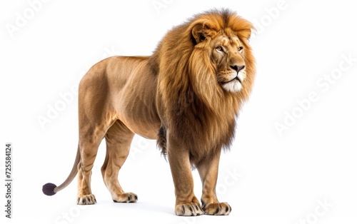 Majestic male lion with a lush mane, laying gracefully, isolated on a white background.