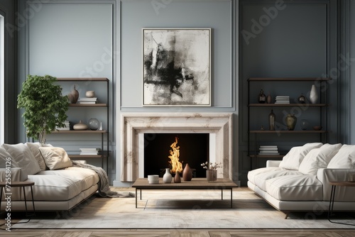 Beautiful living room interior with hardwood floors and fireplace in new luxury home. Large bank of windows hints at exterior view