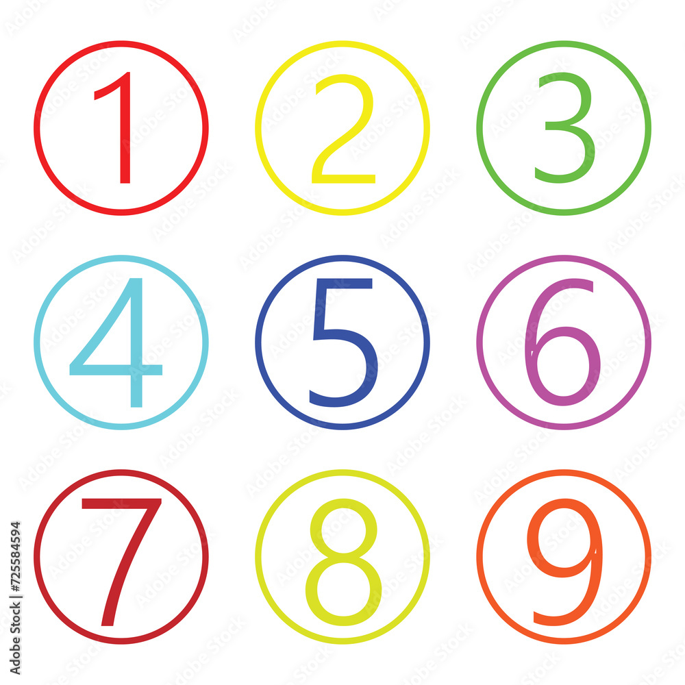 Number digit icon. Collection of isolated round number icons for 0 - 9. Vector illustration. EPS file 1.