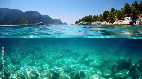 A clear blue water with rocks and trees,, Underwater blue ocean background in sea