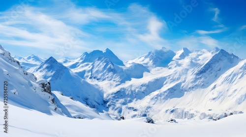 Panoramic view of the snowy mountains. Beautiful winter landscape. © Michelle