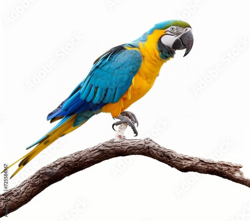 A vibrant macaw parrot perched on a branch, showcasing its colorful feathers isolated on white background.