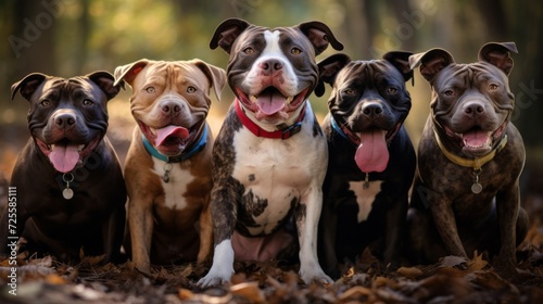 A group of happy different pit bulls are looking at the camera in the woods. Pets, dogs concepts.