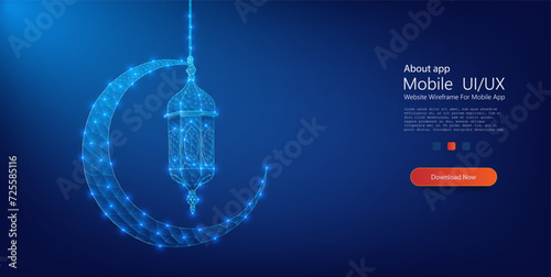 Digital wireframe design of a crescent moon and traditional lantern, symbolizing Ramadan in a modern, technological style. Futuristic Crescent Moon and Lantern Illustration for Ramadan