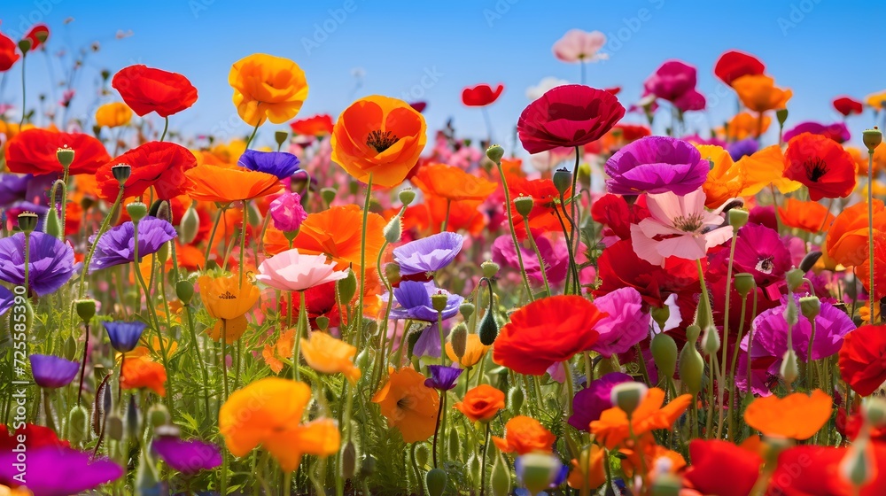 poppies on blue sky background - panoramic image.