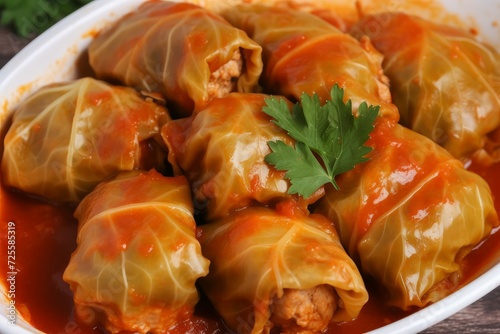 Cabbage rolls in tomatoes sauce. Gourmet vegetable stuffed meat and rice cabbage. Generate ai