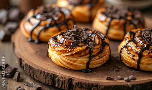 Freshly baked sweet buns puff pastry with chocolate on a wooden background. Breakfast or brunch concept. photo