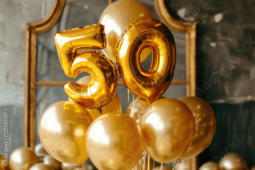 Happy 50th birthday. Gold helium 50 birthday balloons at a celebration event