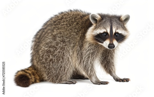 A detailed close-up of a raccoon, showcasing its intricate fur pattern and curious gaze, isolated on a white background.