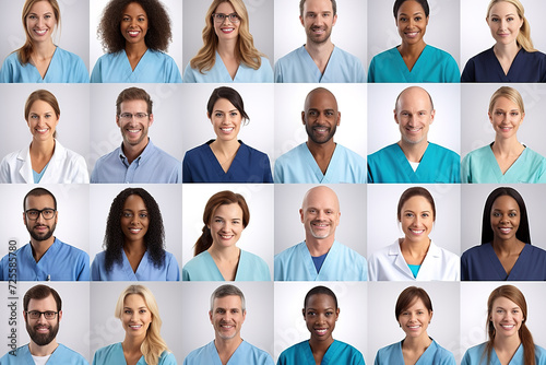 Collage of multiethnic doctors and medical workers wearing uniform on white background. photo