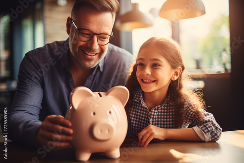 Little girl and her father saving money in piggybank at home.