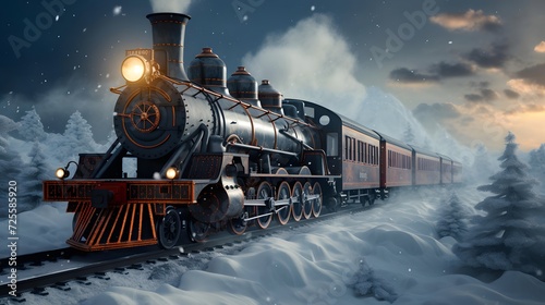 Vintage steam locomotive in snowy landscape. 3D illustration.