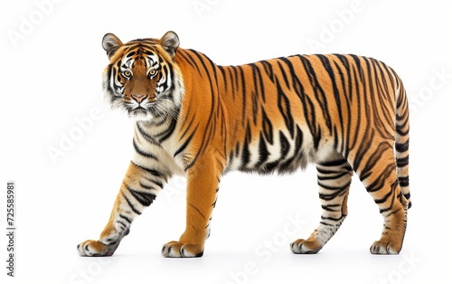 A majestic tiger, marked with bold black stripes, stands alert and poised isolated on white background.
