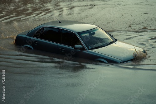 Car sinking in water overflow disaster. Drowning vehicle natural flood calamity. Generate ai