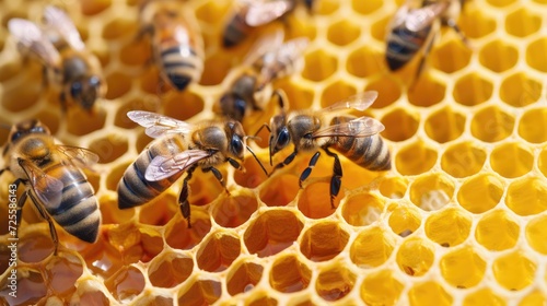 Bees actively working on golden honeycomb in the hive © mariiaplo